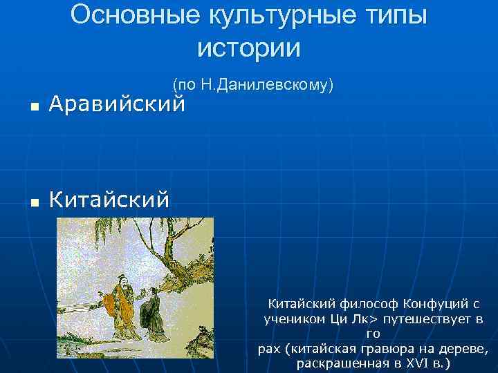 Основные культурные типы истории (по Н. Данилевскому) n Аравийский n Китайский философ Конфуций с