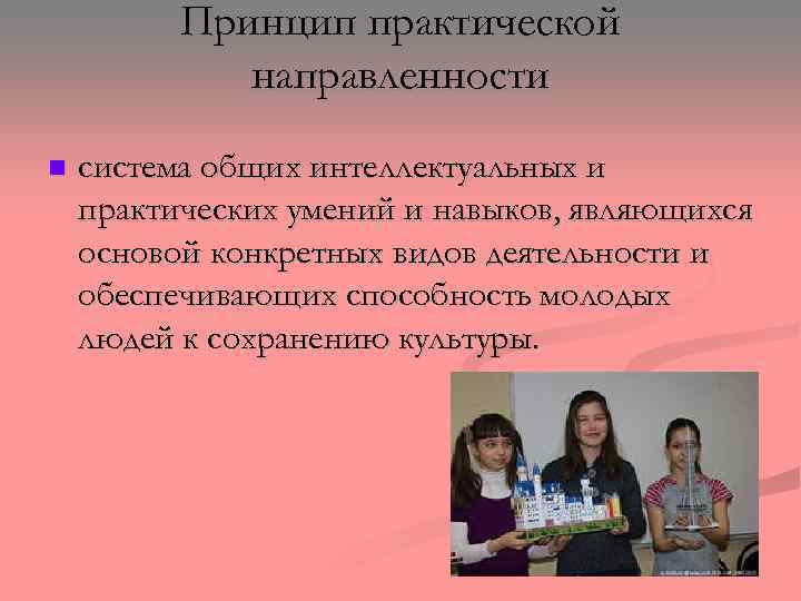 Принцип практической направленности n система общих интеллектуальных и практических умений и навыков, являющихся основой