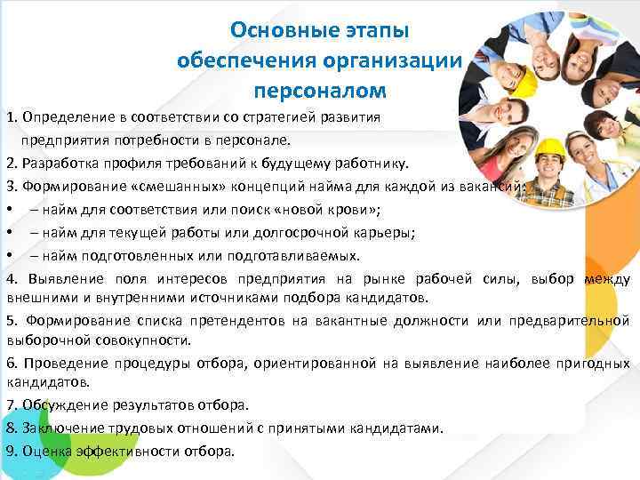 Основные этапы обеспечения организации персоналом 1. Определение в соответствии со стратегией развития предприятия потребности