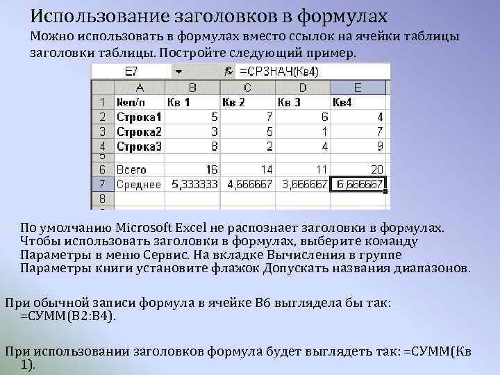 Использование заголовков в формулах Можно использовать в формулах вместо ссылок на ячейки таблицы заголовки