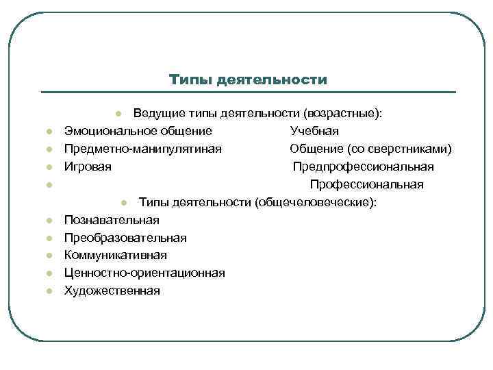 Типы деятельности Ведущие типы деятельности (возрастные): Эмоциональное общение Учебная Предметно-манипулятиная Общение (со сверстниками) Игровая