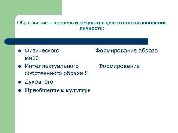 Образование – процесс и результат целостного становления личности: l l Физического Формирование образа мира