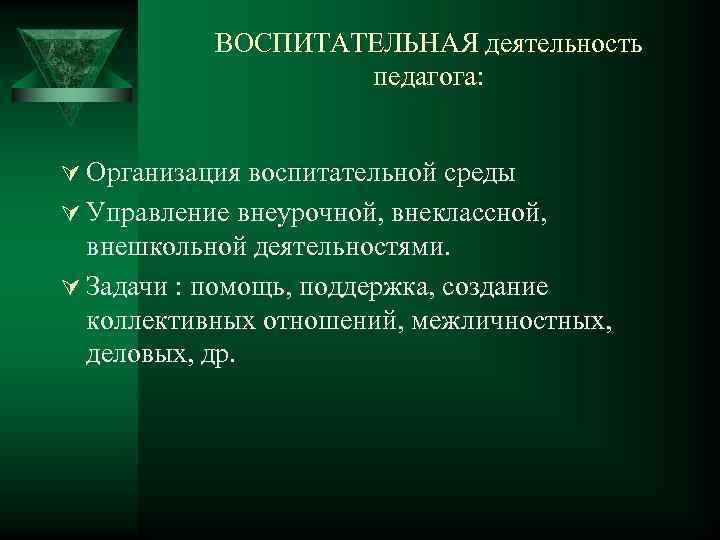 ВОСПИТАТЕЛЬНАЯ деятельность педагога: Ú Организация воспитательной среды Ú Управление внеурочной, внеклассной, внешкольной деятельностями. Ú