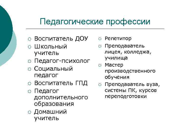 Педагогические профессии ¡ ¡ ¡ ¡ Воспитатель ДОУ Школьный учитель Педагог-психолог Социальный педагог Воспитатель