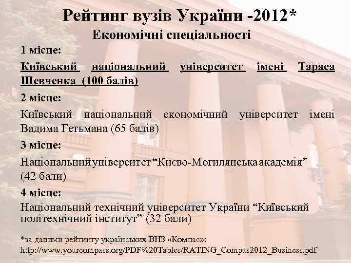 Рейтинг вузів України -2012* Економічні спеціальності 1 місце: Київський національний університет імені Тараса Шевченка