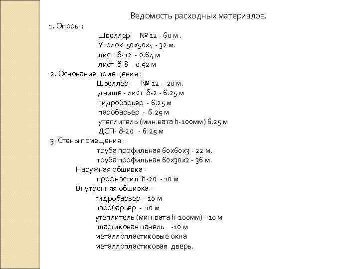  Ведомость расходных материалов. 1. Опоры : Швеллер № 12 - 60 м. Уголок