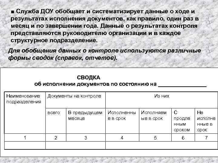  ■ Служба ДОУ обобщает и систематизирует данные о ходе и результатах исполнения документов,