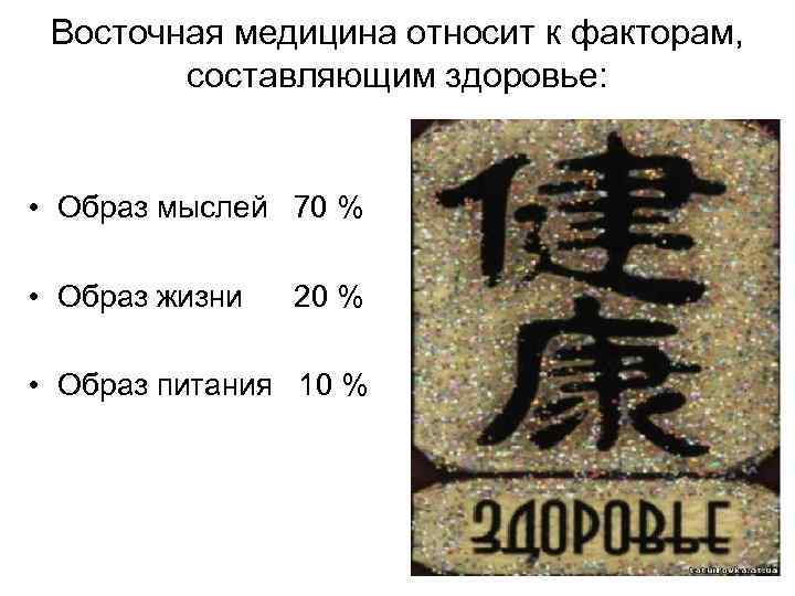 Восточная медицина относит к факторам, составляющим здоровье: • Образ мыслей 70 % • Образ