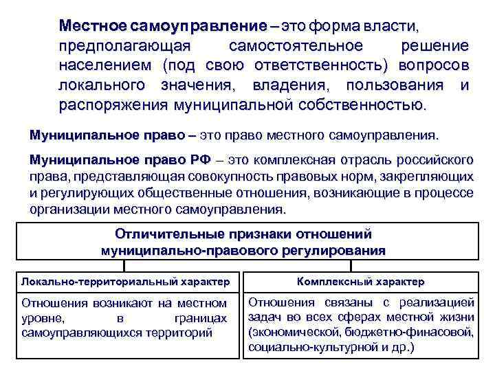 Местное самоуправление – это форма власти, предполагающая самостоятельное решение населением (под свою ответственность) вопросов