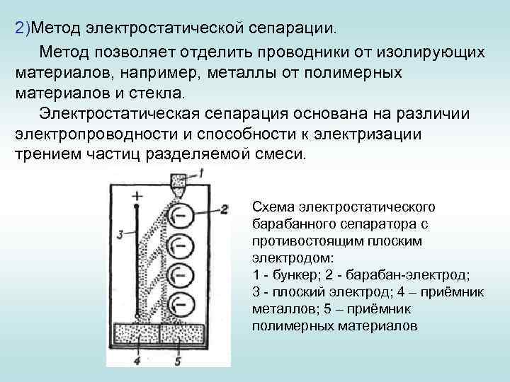 2)Метод электростатической сепарации. Метод позволяет отделить проводники от изолирующих материалов, например, металлы от полимерных