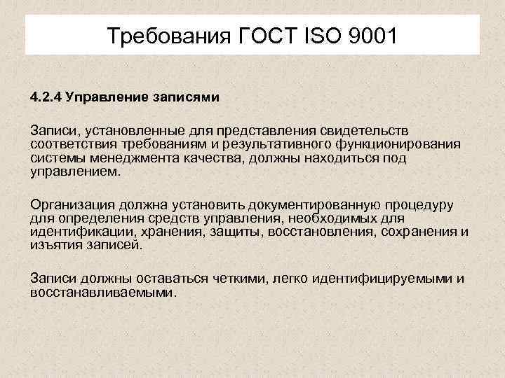 Требования ГОСТ ISО 9001 4. 2. 4 Управление записями Записи, установленные для представления свидетельств