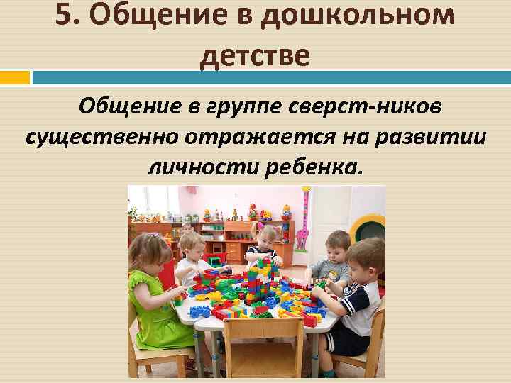 5. Общение в дошкольном детстве Общение в группе сверст ников существенно отражается на развитии