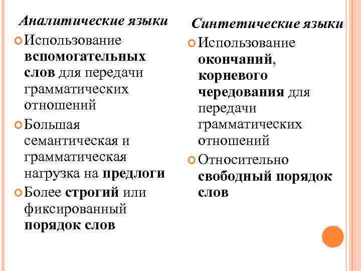 Аналитические языки Использование вспомогательных слов для передачи грамматических отношений Большая семантическая и грамматическая нагрузка