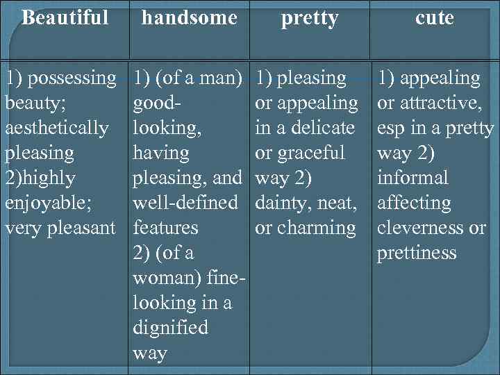 Beautiful handsome pretty cute 1) possessing beauty; aesthetically pleasing 2)highly enjoyable; very pleasant 1)