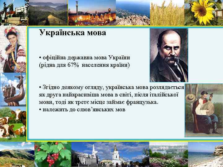 Українська мова • офіційна державна мова України (рідна для 67% населення країни) • Згідно