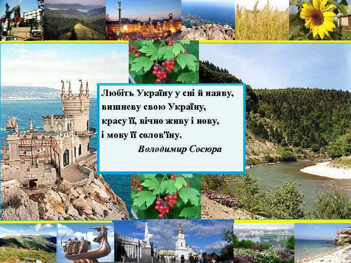 Любіть Україну у сні й наяву, вишневу свою Україну, красу її, вічно живу і