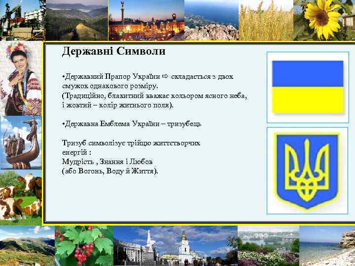 Державні Символи • Державний Прапор України складається з двох смужок однакового розміру. (Традиційно, блакитний