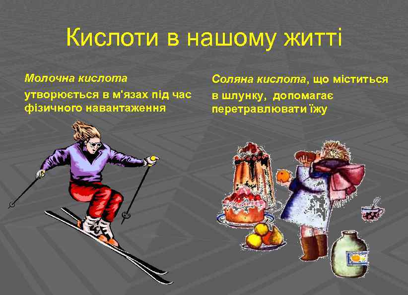 Кислоти в нашому житті Молочна кислота утворюється в м'язах під час фізичного навантаження Соляна