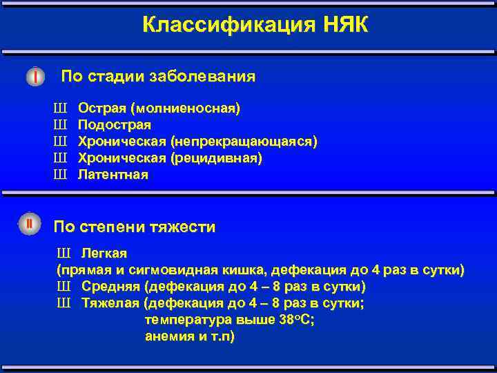 Классификация НЯК I По стадии заболевания Ш Ш Ш II Острая (молниеносная) Подострая Хроническая