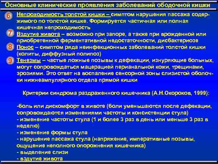 Основные клинические проявления заболеваний ободочной кишки 6 7 8 9 Непроходимость толстой кишки –