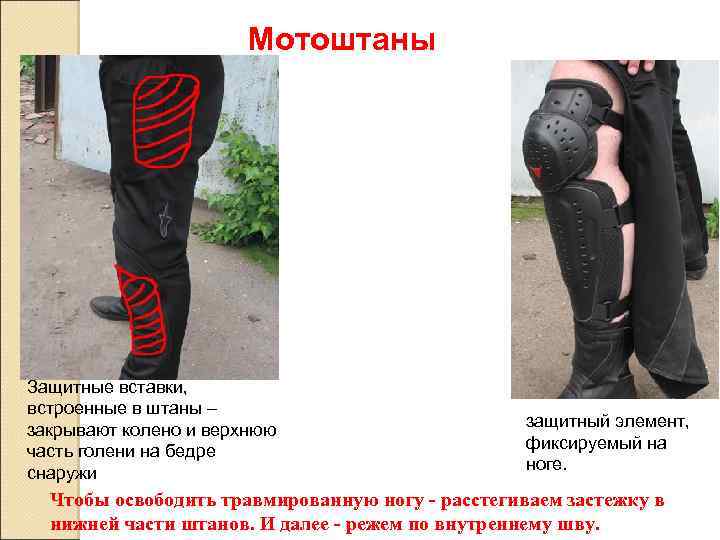 Мотоштаны Защитные вставки, встроенные в штаны – закрывают колено и верхнюю часть голени на