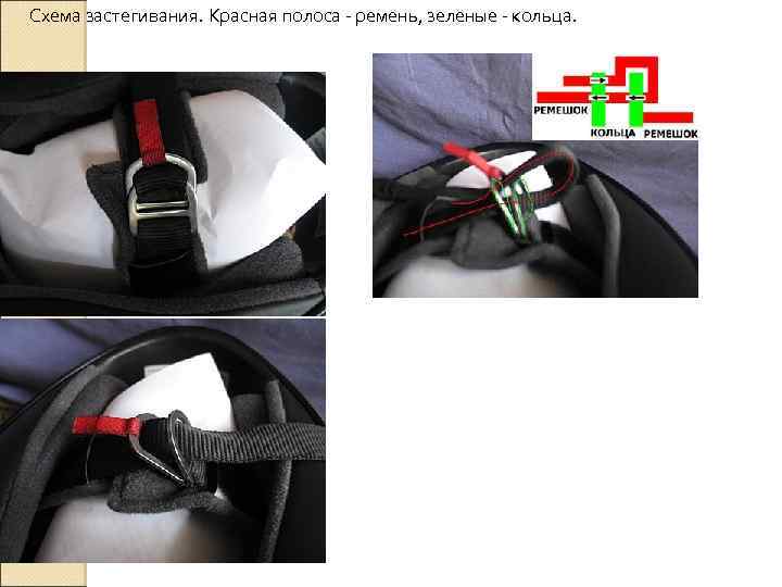 Схема застегивания. Красная полоса - ремень, зеленые - кольца. 