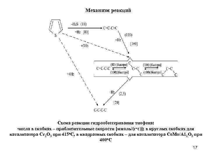  Механизм реакций Схема реакции гидрообессеривания тиофена: числа в скобках – приблизительные скорости [ммоль/(г·с)];