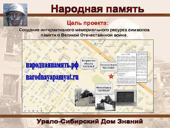 Цель проекта: Создание интерактивного мемориального ресурса символов памяти о Великой Отечественной войне. 