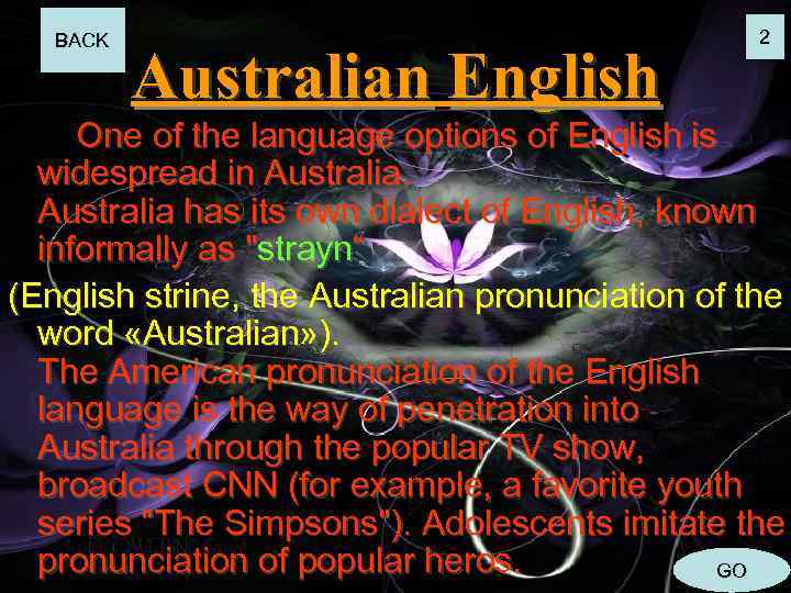 BACK Australian English 2 One of the language options of English is widespread in