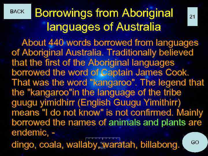 BACK Borrowings from Aboriginal languages of Australia 21 About 440 words borrowed from languages
