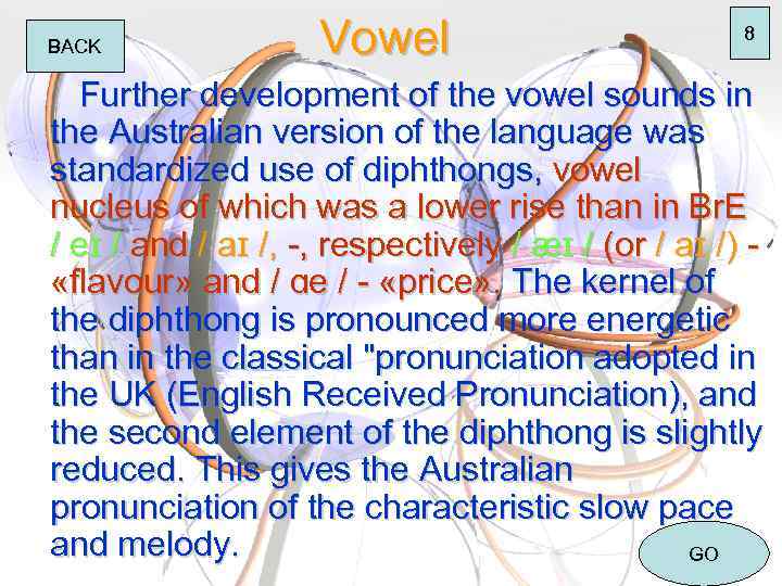 BACK Vowel 8 Further development of the vowel sounds in the Australian version of