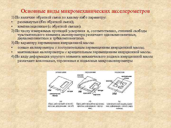 Основные виды микромеханических акселерометров 1) По наличию обратной связи по какому-либо параметру: • разомкнутые