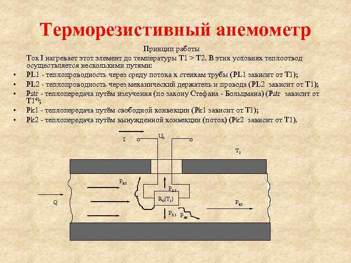 Терморезистивный анемометр • • • Принцип работы Ток I нагревает этот элемент до температуры