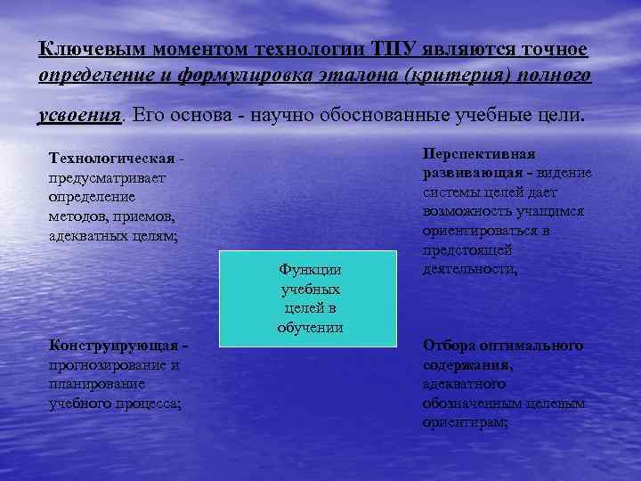 Ключевым моментом технологии ТПУ являются точное определение и формулировка эталона (критерия) полного усвоения. Его