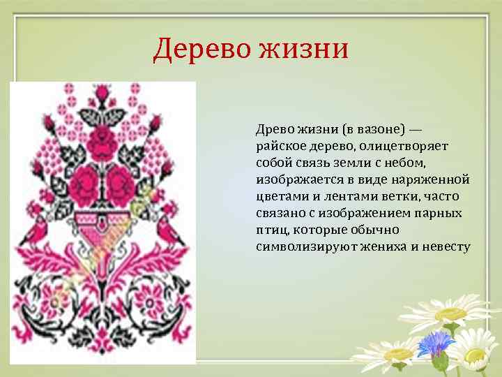 Дерево жизни Древо жизни (в вазоне) — райское дерево, олицетворяет собой связь земли с