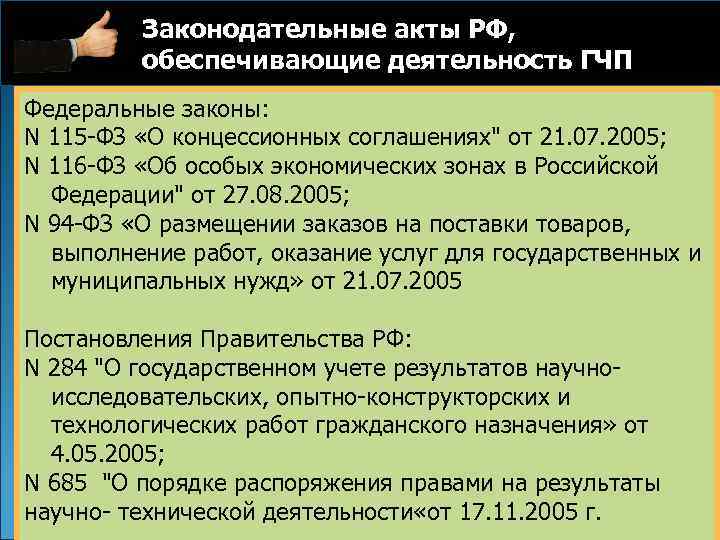 Законодательные акты РФ, обеспечивающие деятельность ГЧП Федеральные законы: N 115 -ФЗ «О концессионных соглашениях
