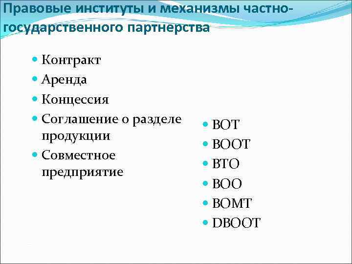 Правовые институты и механизмы частногосударственного партнерства Контракт Аренда Концессия Соглашение о разделе продукции Совместное