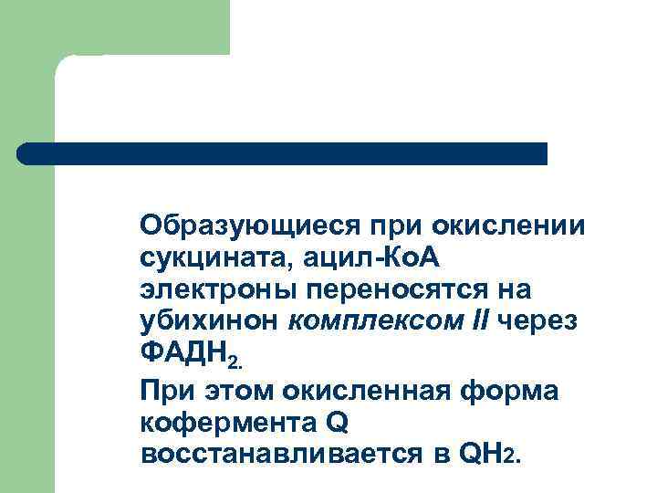 Образующиеся при окислении сукцината, ацил-Ко. А электроны переносятся на убихинон комплексом II через ФАДН