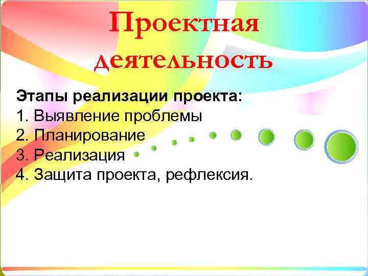 Проектная деятельность Этапы реализации проекта: 1. Выявление проблемы 2. Планирование 3. Реализация 4. Защита