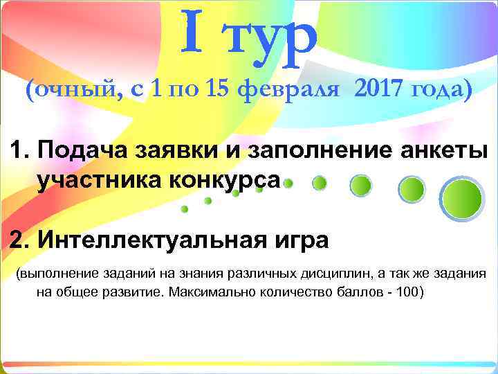 I тур (очный, с 1 по 15 февраля 2017 года) 1. Подача заявки и