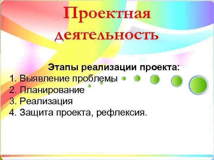 Проектная деятельность Этапы реализации проекта: 1. Выявление проблемы 2. Планирование 3. Реализация 4. Защита