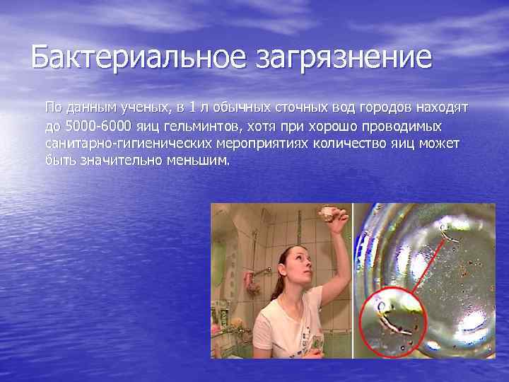 Бактериальное загрязнение По данным ученых, в 1 л обычных сточных вод городов находят до