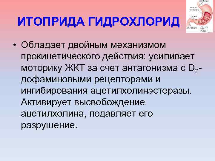 ИТОПРИДА ГИДРОХЛОРИД • Обладает двойным механизмом прокинетического действия: усиливает моторику ЖКТ за счет антагонизма
