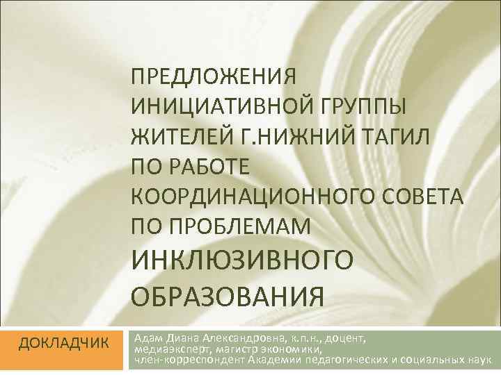 ПРЕДЛОЖЕНИЯ ИНИЦИАТИВНОЙ ГРУППЫ ЖИТЕЛЕЙ Г. НИЖНИЙ ТАГИЛ ПО РАБОТЕ КООРДИНАЦИОННОГО СОВЕТА ПО ПРОБЛЕМАМ ИНКЛЮЗИВНОГО