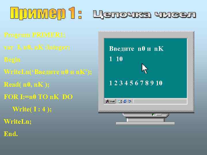Program PRIMER 1; var I, n 0, n. K : integer; Begin Введите n