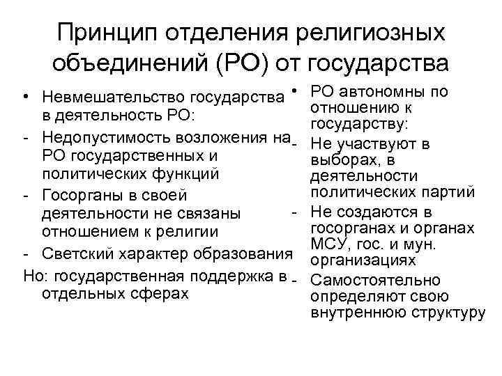Принцип отделения религиозных объединений (РО) от государства • Невмешательство государства • в деятельность РО: