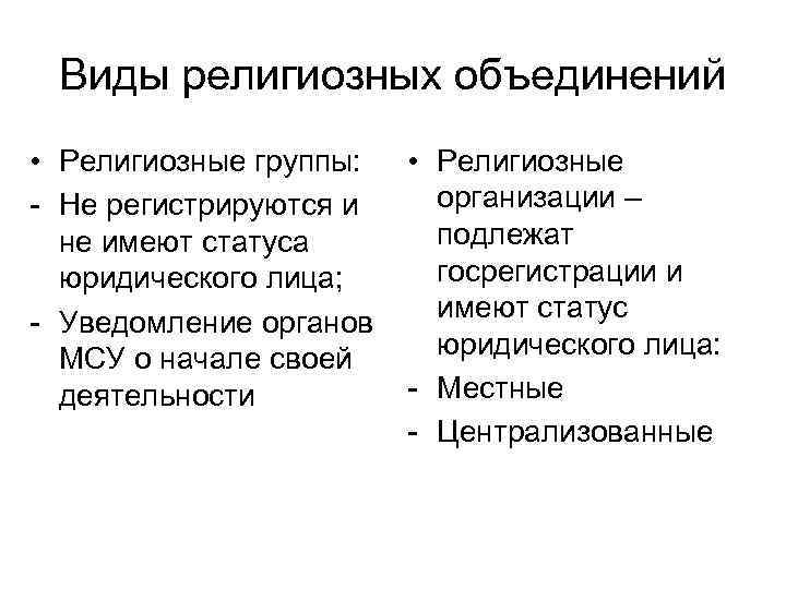 Виды религиозных объединений • Религиозные группы: - Не регистрируются и не имеют статуса юридического
