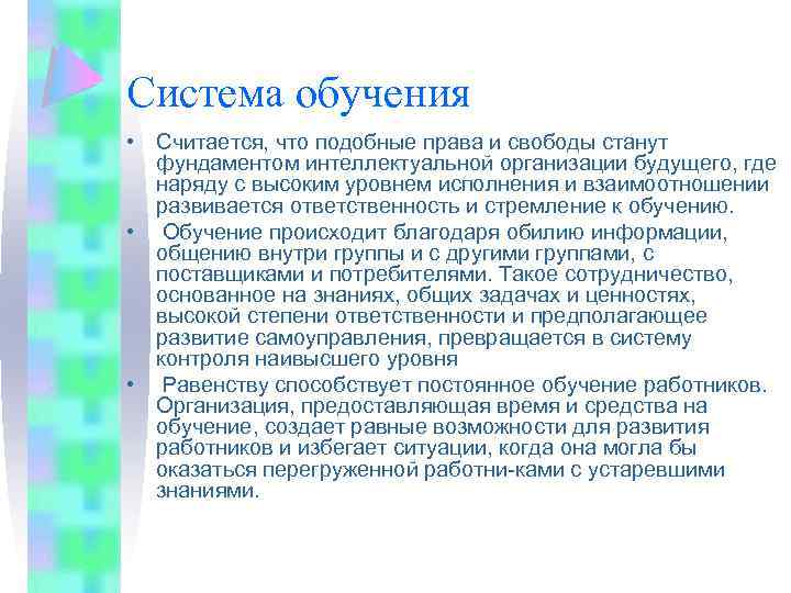 Система обучения • Считается, что подобные права и свободы станут фундаментом интеллектуальной организации будущего,
