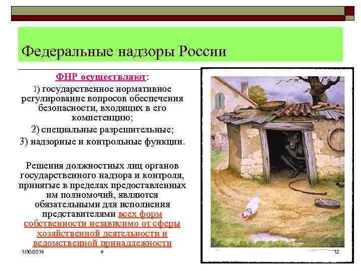 Федеральные надзоры России   ФНР осуществляют: 1) государственное нормативное регулирование вопросов обеспечения безопасности,