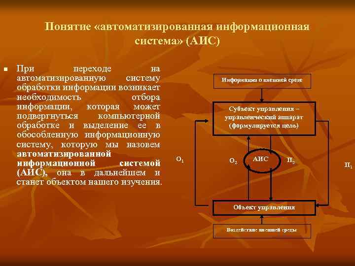  Понятие «автоматизированная информационная система» (АИС) n При переходе на автоматизированную систему Информация о